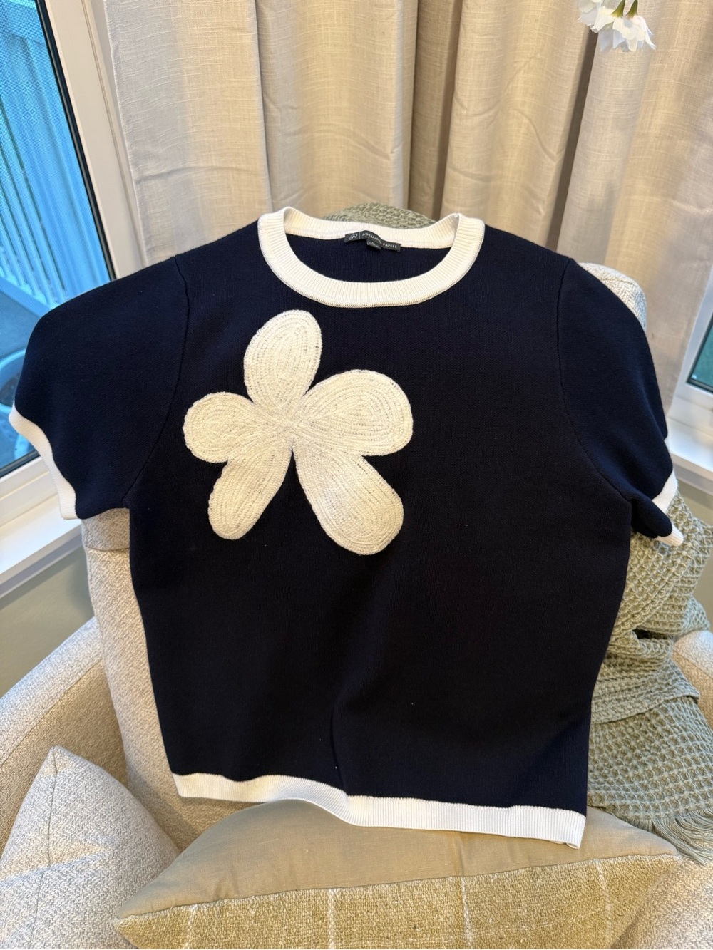 Adrianna Papell Navy Sweater with White Trim